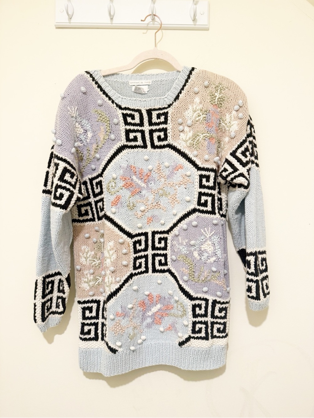 Vintage 1980s Hand Knit Cottagecore Floral Popcorn Sweater with Shoulder Pads